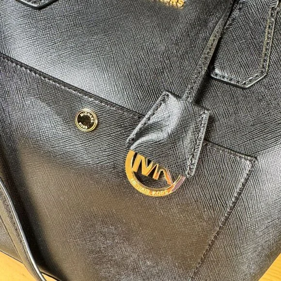 MICHAEL Michael Kors Greenwich Large Saffiano Leather Satchel Black Handbag Tote - Picture 2 of 12